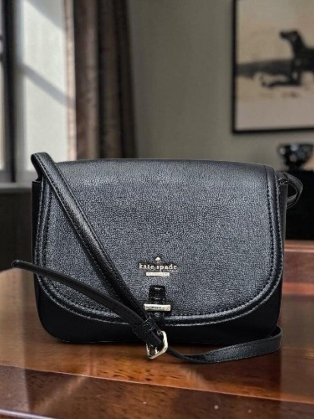 Kate Spade Kailey Patterson Drive Leather Black Saddle Shoulder Bag COA